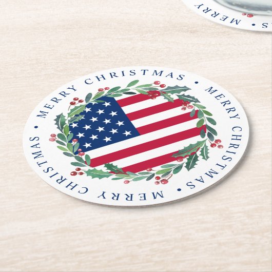 アメリカ国旗の愛国的なクリスマスリース ラウンドペーパーコースター (アングル)