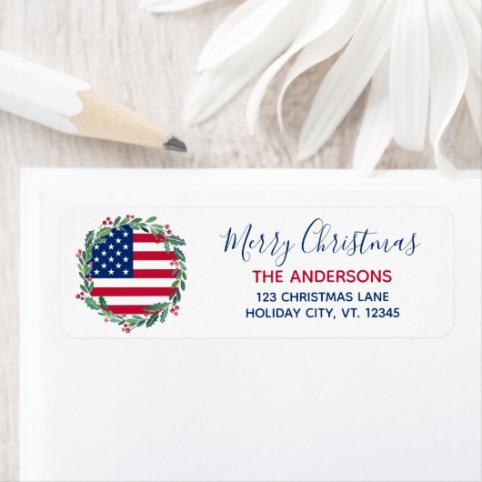 アメリカ国旗の愛国的なクリスマス差出人住所 ラベル (インサイチュ)