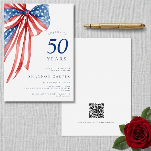 アメリカ国旗の愛国的なリボンを使った50歳の誕生日お祝い 招待状