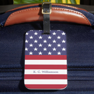 アメリカ国旗の愛国的な名前をカスタムするモダンパターン ラゲッジタグ