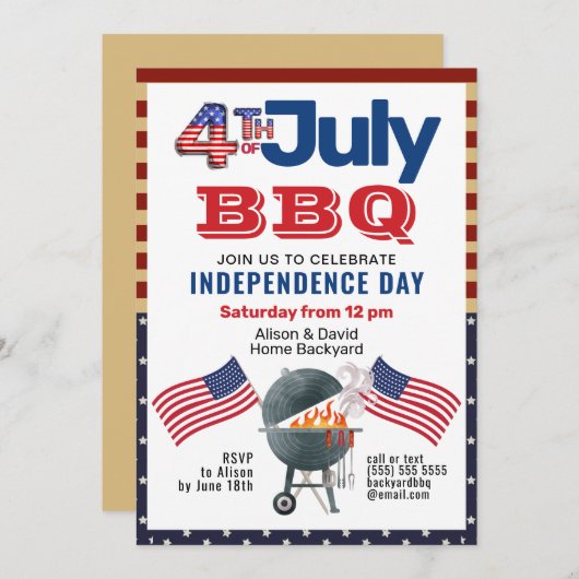 アメリカ国旗の愛国的な7月BBQ招待状4日 シーズンカード (正面/裏面)