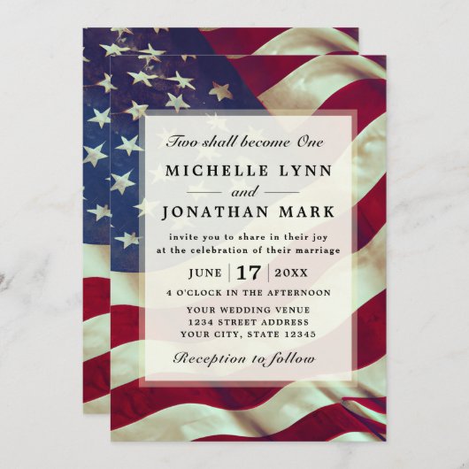 アメリカ国旗の愛国者2人が一つの聖書結婚になる 招待状 (正面/裏面)