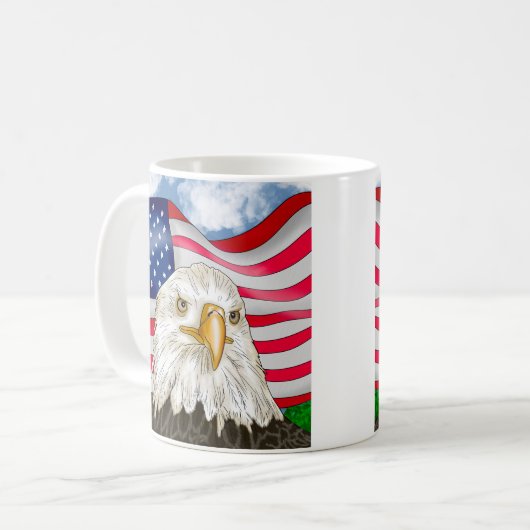 アメリカ国旗の愛国芸術の前のハゲのワシ コーヒーマグカップ (正面左)