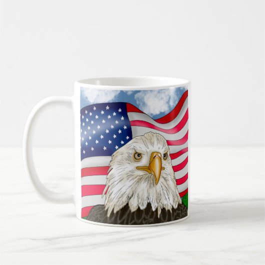 アメリカ国旗の愛国芸術の前のハゲのワシ コーヒーマグカップ (左)