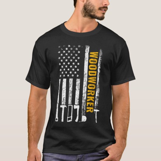 アメリカ国旗の木工大工おもしろい木細工 Tシャツ (正面)