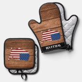 アメリカ国旗の木製モダンカスタム 鍋つかみ&鍋敷きセット (正面/裏面)