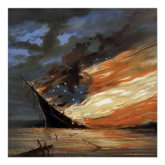 アメリカ国旗の火に反乱軍の内戦の旗艦 ポスター (正面)