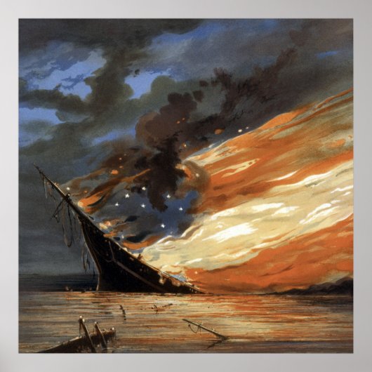 アメリカ国旗の火に反乱軍の内戦の旗艦 ポスター (正面)