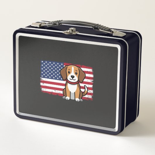 アメリカ国旗の犬 愛国的なベクター メタルランチボックス (正面)