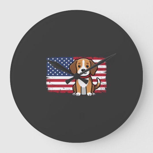 アメリカ国旗の犬 愛国的なベクター ラージ壁時計 (正面)