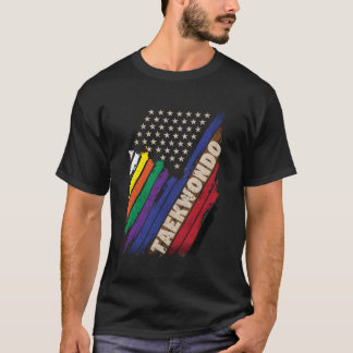 アメリカ国旗の白い黒のベルトカラーテコンドミ Tシャツ