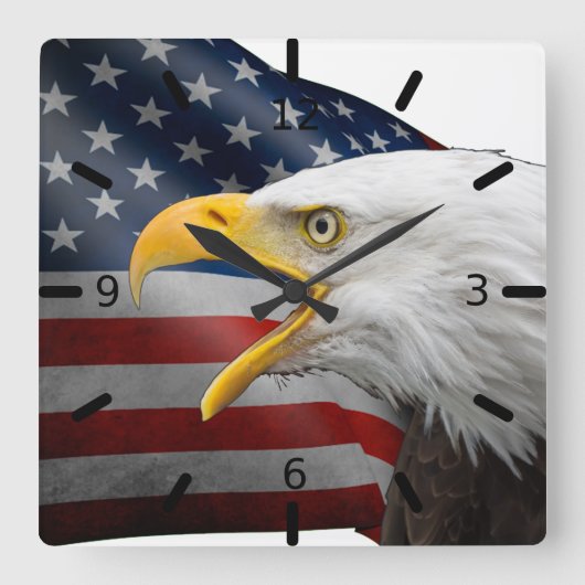 アメリカ国旗の禿げたワシ スクエア壁時計 (正面)