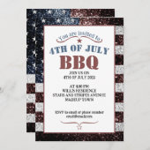 アメリカ国旗の素朴なスパークルが輝く7月4日BBQパーティー 招待状 (正面/裏面)