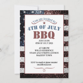 アメリカ国旗の素朴なスパークル 4th of July BBQパーティー 招待状