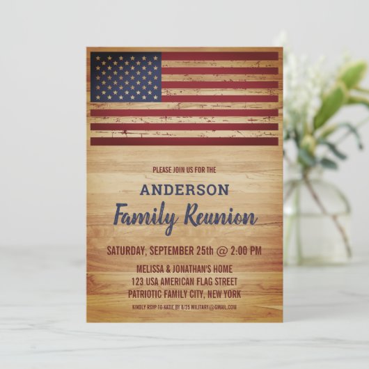 アメリカ国旗の素朴な愛国的な家族の再会 招待状 (スタンド正面)