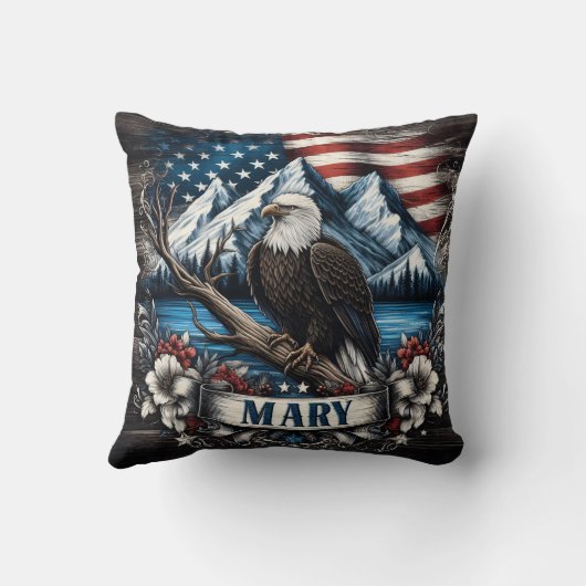 アメリカ国旗の背景に突き刺さったハゲのワシ クッション (裏面)