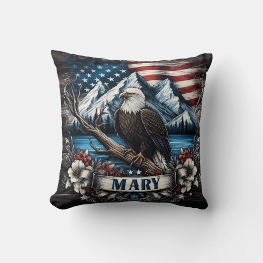 アメリカ国旗の背景に突き刺さったハゲのワシ クッション (正面)