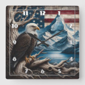 アメリカ国旗の背景に突き刺さったハゲのワシ スクエア壁時計 (正面)