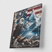 アメリカ国旗の背景に突き刺さったハゲのワシ スクエア壁時計 (傾斜)
