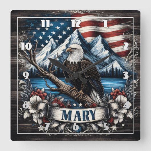 アメリカ国旗の背景に突き刺さったハゲのワシ スクエア壁時計 (正面)