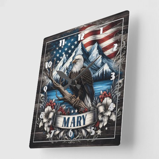 アメリカ国旗の背景に突き刺さったハゲのワシ スクエア壁時計 (傾斜)
