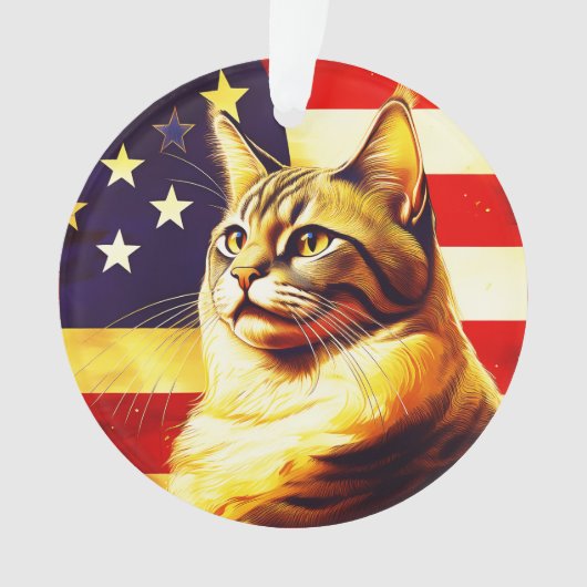 アメリカ国旗の背景の美しい猫 オーナメント (正面)