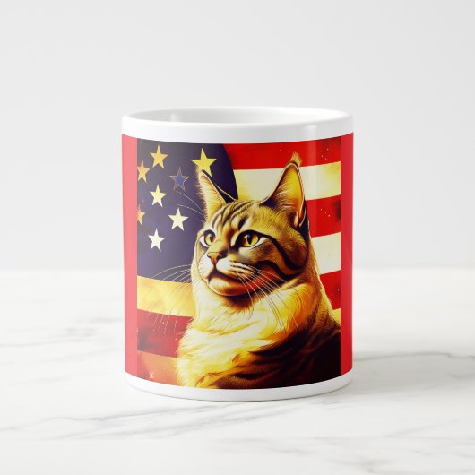アメリカ国旗の背景の美しい猫 ジャンボコーヒーマグカップ (正面)
