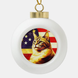 アメリカ国旗の背景の美しい猫 セラミックボールオーナメント