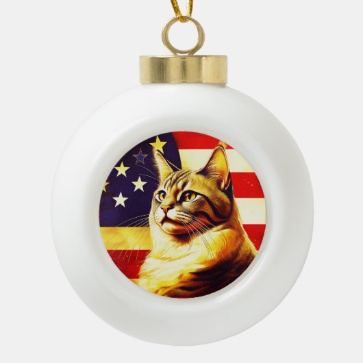 アメリカ国旗の背景の美しい猫 セラミックボールオーナメント (正面)