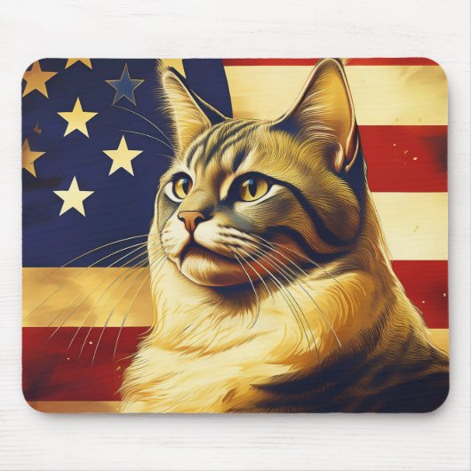 アメリカ国旗の背景の美しい猫 マウスパッド (正面)