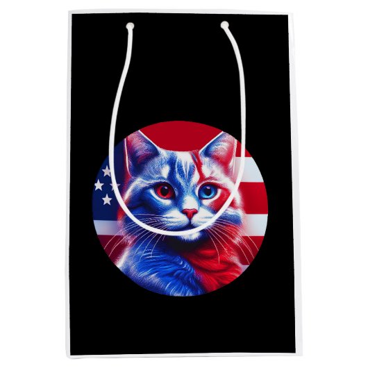 アメリカ国旗の背景の赤と白と青の猫 ミディアムペーパーバッグ (正面)