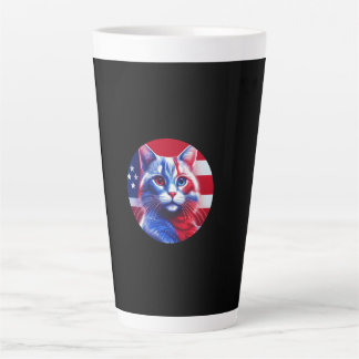 アメリカ国旗の背景の赤白青の猫 カフェラテマグ