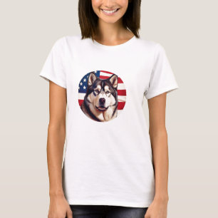 アメリカ国旗の背景を持つアラスカン・マラムート Tシャツ