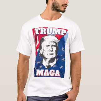 アメリカ国旗の背景を持つトランプ・マガ Tシャツ