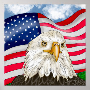 アメリカ国旗の背景を持つハゲ・イーグル ポスター