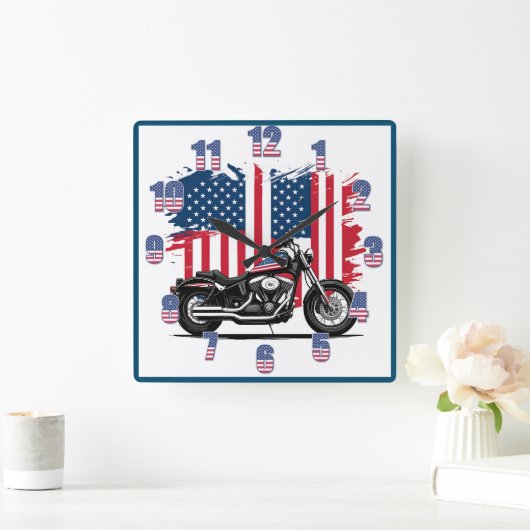 アメリカ国旗の背景を持つバイク スクエア壁時計 (ホーム)