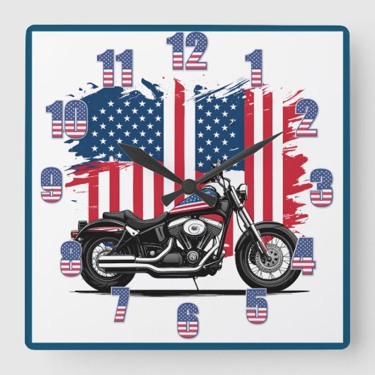アメリカ国旗の背景を持つバイク スクエア壁時計 (正面)
