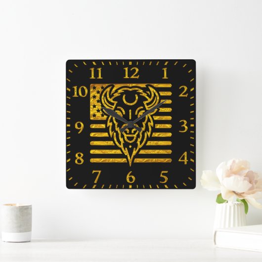 アメリカ国旗の背景を持つバイソン スクエア壁時計 (ホーム)