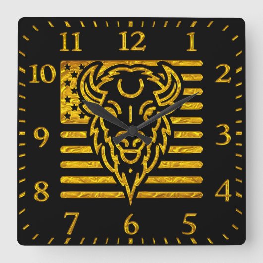 アメリカ国旗の背景を持つバイソン スクエア壁時計 (正面)