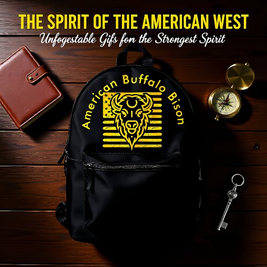 アメリカ国旗の背景を持つバイソン プリントバックパック