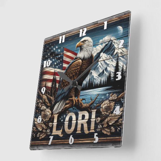 アメリカ国旗の背景を持つワシ スクエア壁時計 (傾斜)