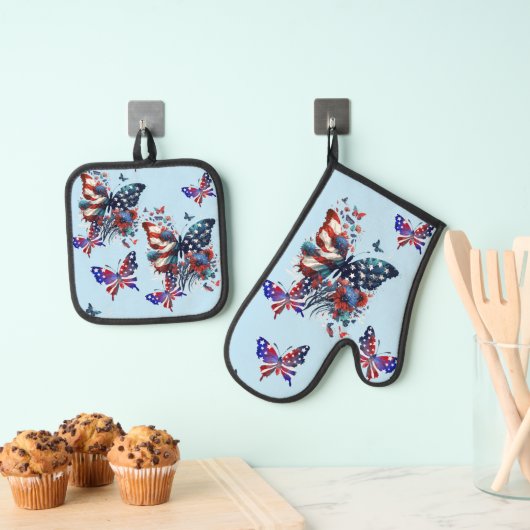 アメリカ国旗の蝶 鍋つかみ&鍋敷きセット (インサイチュ (吊り下げ))