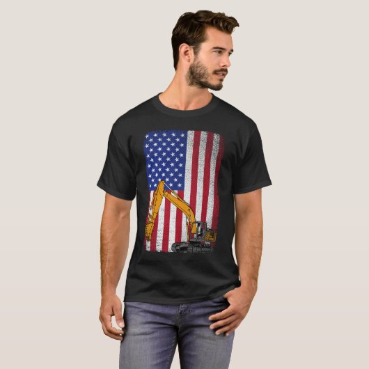 アメリカ国旗の重装備機オペレータ掘削機 Tシャツ (正面フル)