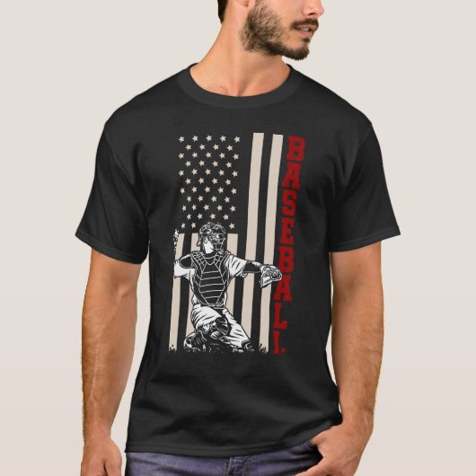 アメリカ国旗の野球捕手の米国スポーツマン Tシャツ (正面)
