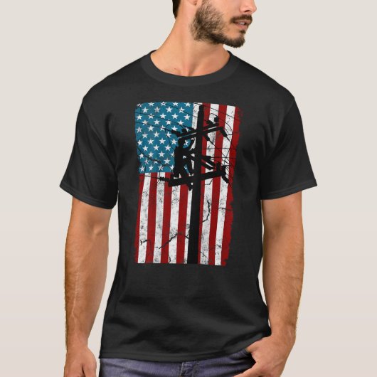 アメリカ国旗の電気ケーブルシルエットラインマンT Tシャツ (正面)