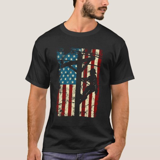 アメリカ国旗の電気ケーブルラインマンギフトJの4th Tシャツ (正面)