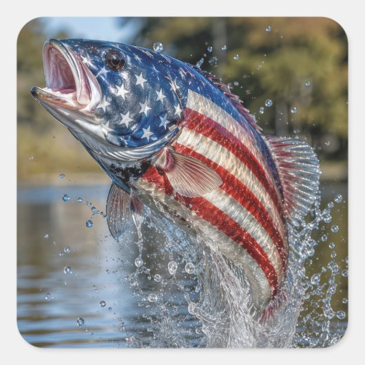 アメリカ国旗の魚が水から飛び出す スクエアシール (正面)