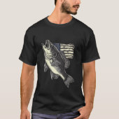 アメリカ国旗の魚モノクロ素朴魚釣り Tシャツ (正面)