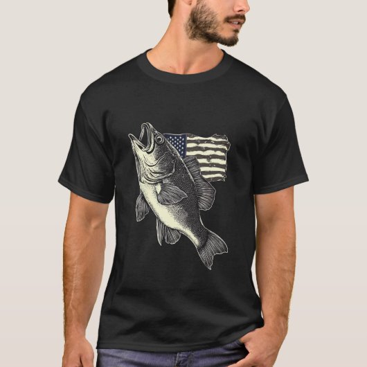 アメリカ国旗の魚モノクロ素朴魚釣り Tシャツ (正面)