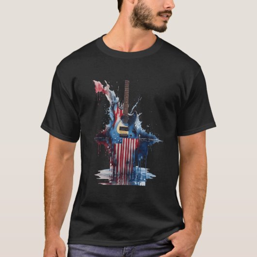 アメリカ国旗の7月4日ギター Tシャツ (正面)
